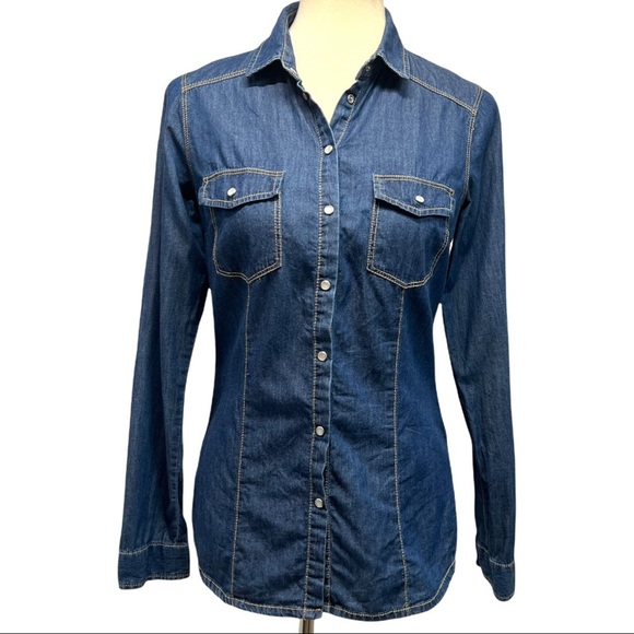 Strativarious ASOS Chambray Denim Pearl Snap Button Front Shirt - Picture 1 of 13